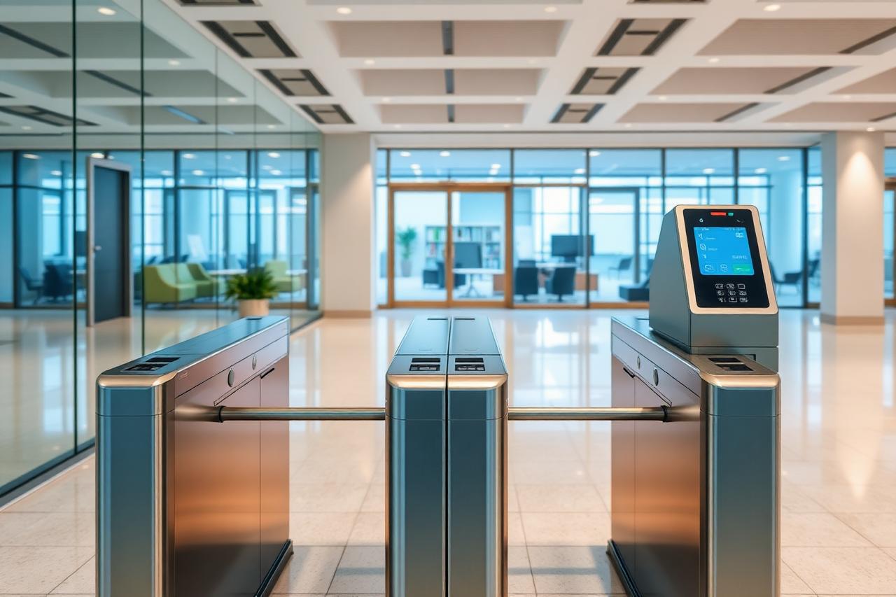Catracas de controle de acesso com leitoras em hall corporativo