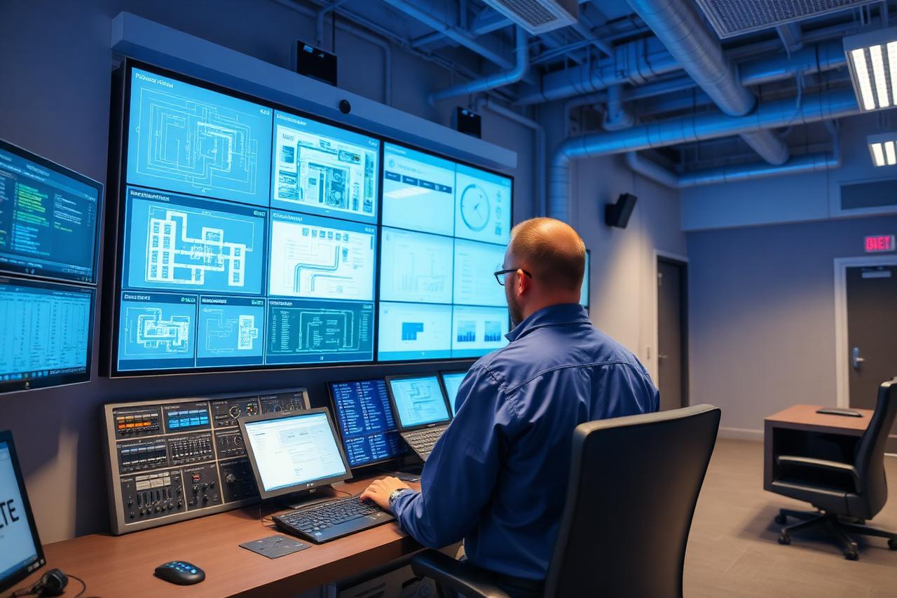 Sala de controle com supervisório de automação predial