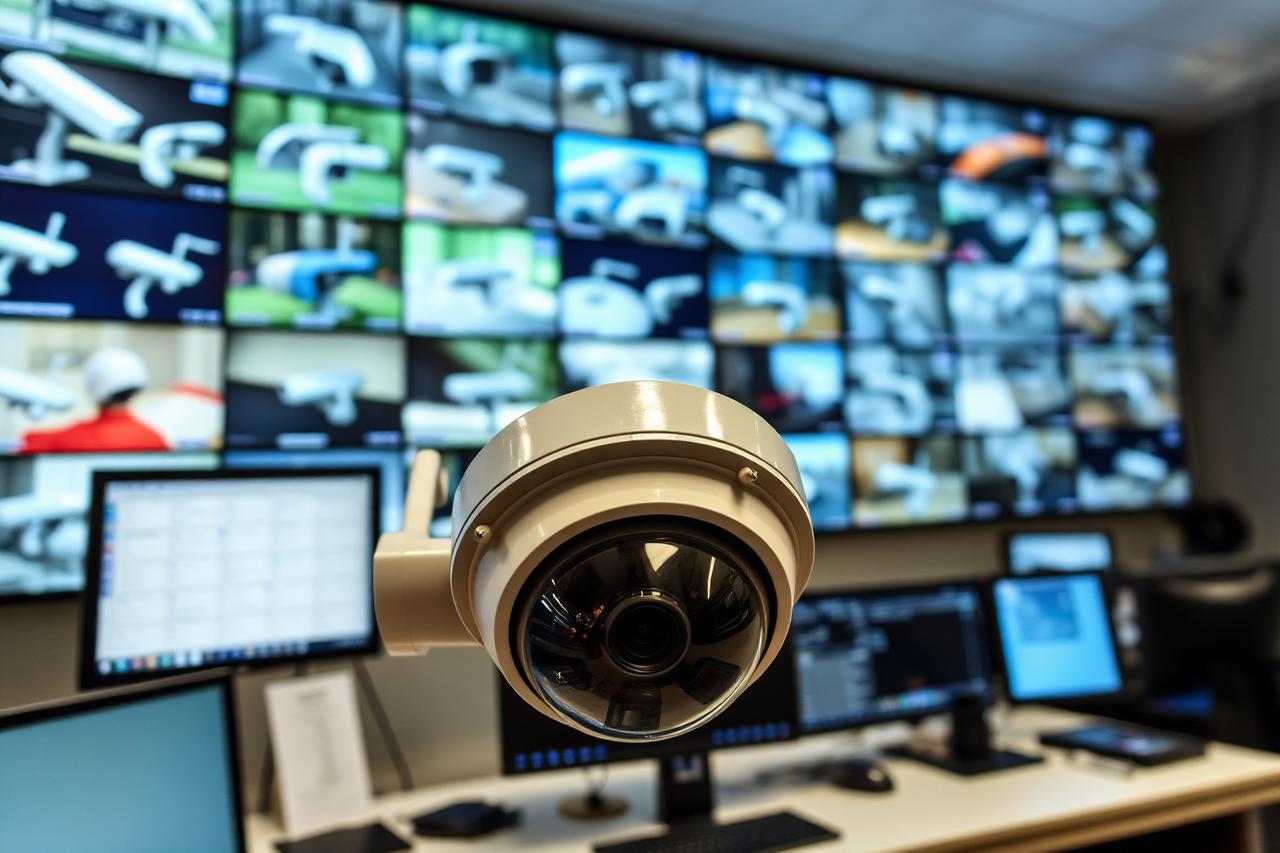 Central de monitoramento de CFTV com videowall e câmera dome