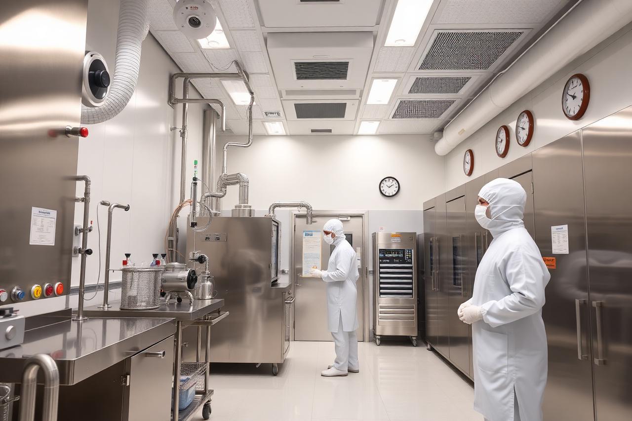 Sala limpa farmacêutica com equipamentos em aço inox e teto HEPA